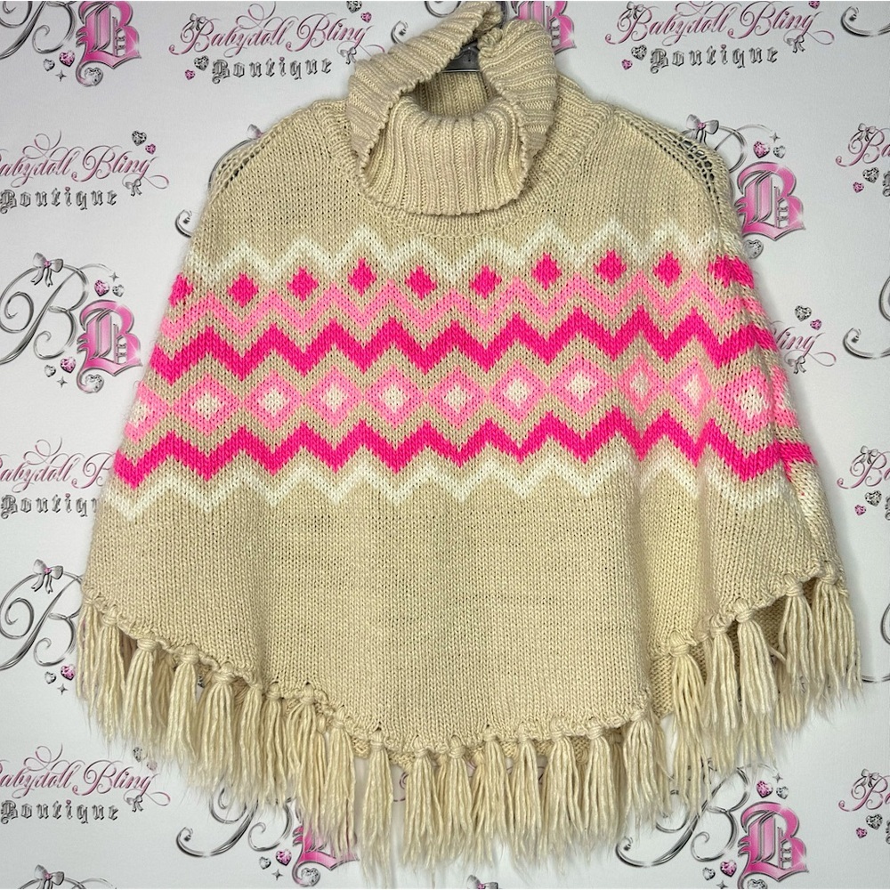 H&m poncho knit cream neon pink warm tassle pull over turtleneck sweater luxe